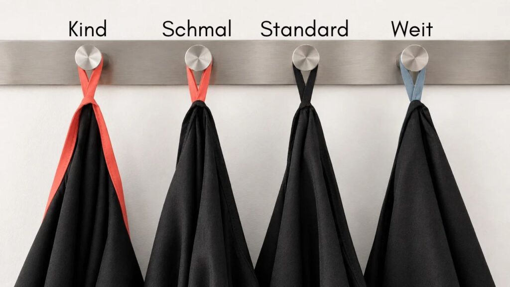 Die verschiedenen Umhanggrößen sind durch verschiedenfarbige Loops leicht voneinander zu unterscheiden.